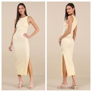 Lulus Lavina Light Yellow Jersey Knit Bodycon Midi Dress